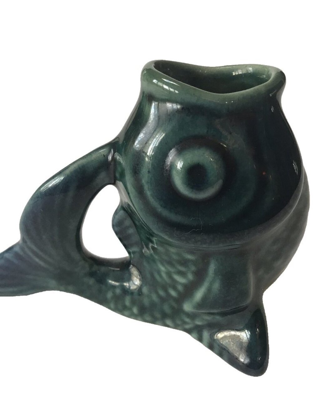 Koi Fish Pottery Figurine Wide Mouth Blue Green Mini Planter Decor Holder Art